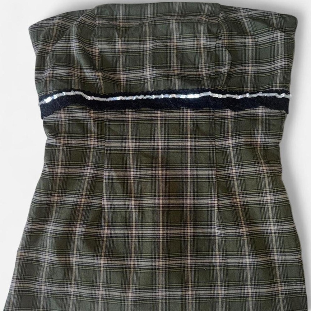 Y2K olive green plaid strapless corset tube top
